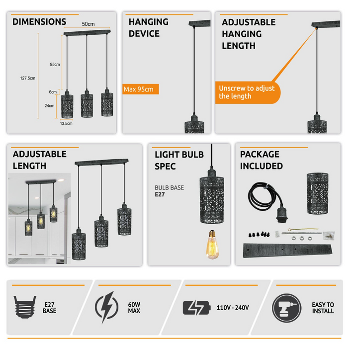 Industriële vintage Retro hanglamp 3-weg Rechthoek DrumCylinder diverse kleuren plafondvoet geborsteld afgewerkt