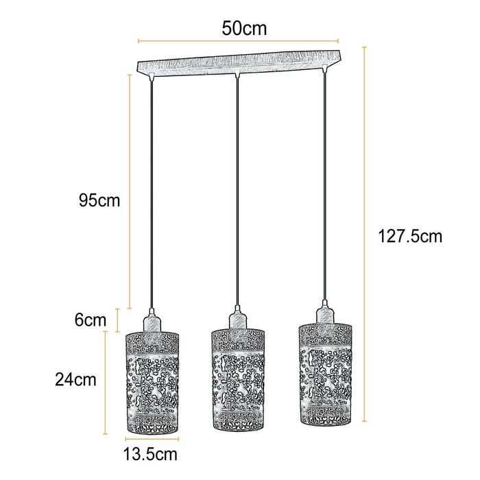 Industriële vintage Retro hanglamp 3-weg Rechthoek DrumCylinder diverse kleuren plafondvoet geborsteld afgewerkt