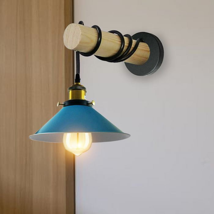 Modern Combined Solid Wooden Arm Chandelier Lighting With Blue Cone Shaped Metal Shade wall sconce