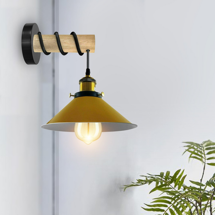 Modern Combined Solid Wooden Arm Chandelier Lighting With Yellow Cone Shaped Metal Shade wall sconce