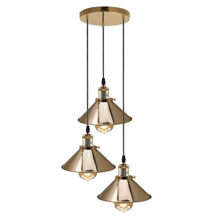 French Gold 3 Head Vintage Industrial Retro Loft Style Metal Ceiling Lampshade