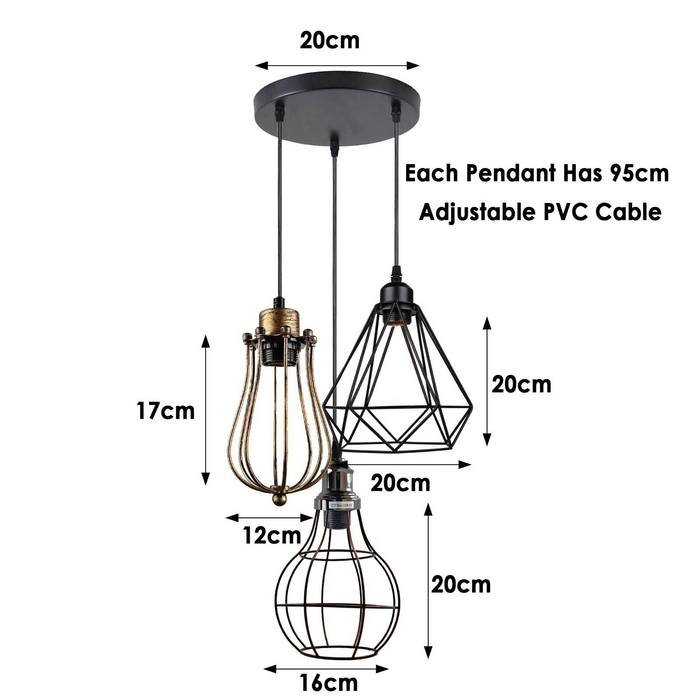 Industrial Kitchen Island Chandelier 3 Light Cage Ceiling Hanging Pendant Lamp