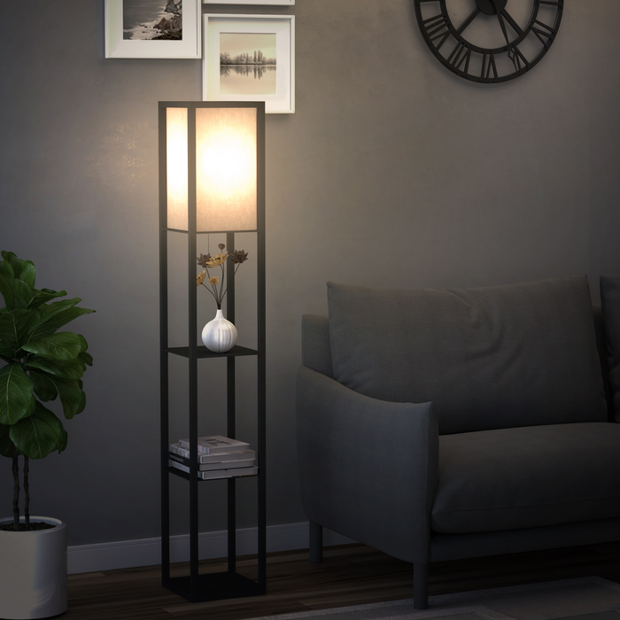 Modern Shelf Floor Lamp Soft Light 3-tier Open Shelves Living Room Storage Display, 160cm, Black