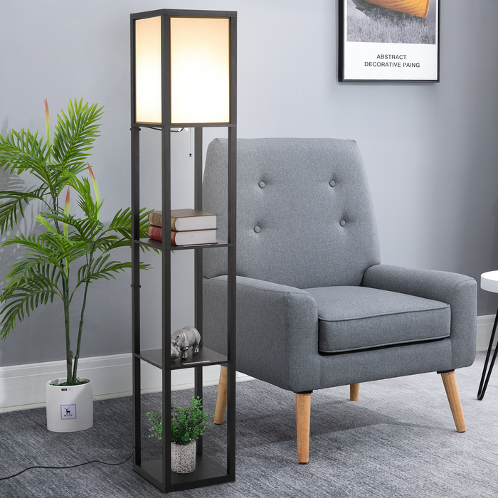 Modern Shelf Floor Lamp Soft Light 3-tier Open Shelves Living Room Storage Display, 160cm, Black