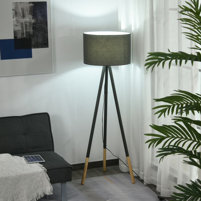 153cm Steel Tripod Floor Lamp w/ Fabric Lampshade Foot Switch, Land Lamp Office Bedroom Modern Grey