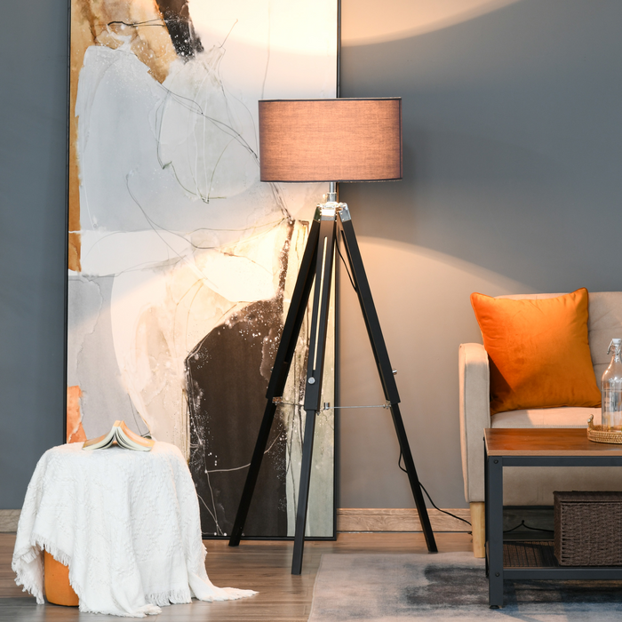 Moderne staande vloerlamp met houten poot, in hoogte verstelbare stoffen lampenkap voor woonkamer, slaapkamer, kantoor, 96-146 cm, grijs en zwart