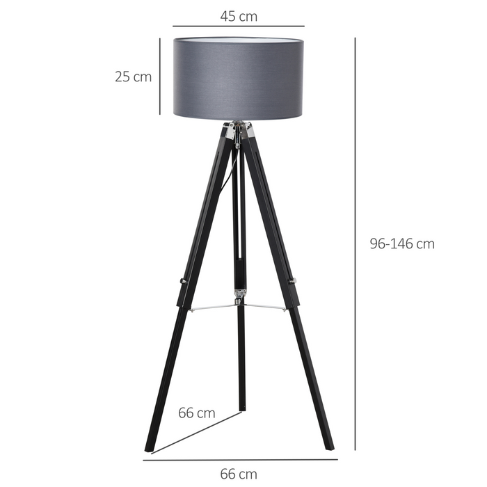 Modern Tripod Stand Floor Land Lamp with Wood Leg Adjustable Height Fabric Lampshade for Living Room, Bedroom, Office, 96-146cm, Grey and Black