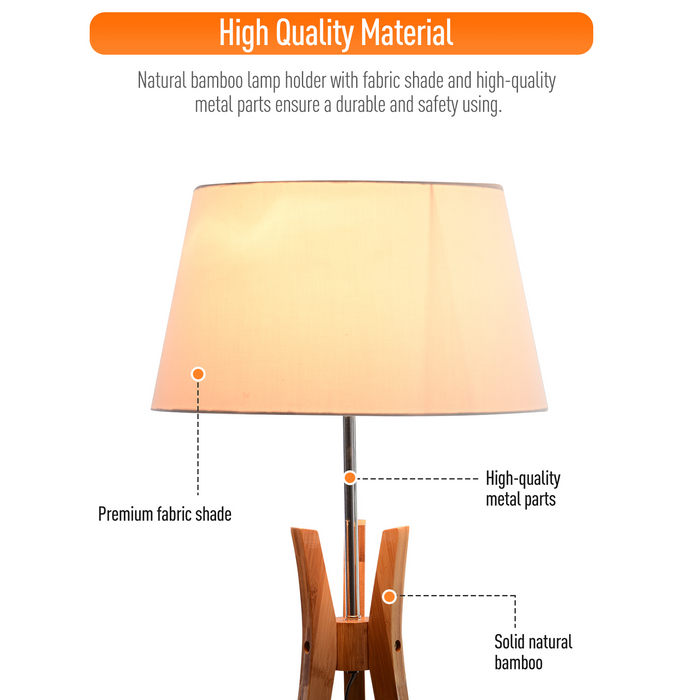 Natural Wooden Tripod Floor Lamp Light E27 Base Bedroom Living Room Fabric Shade Storage Shelf Foot Switch, 156cm, White