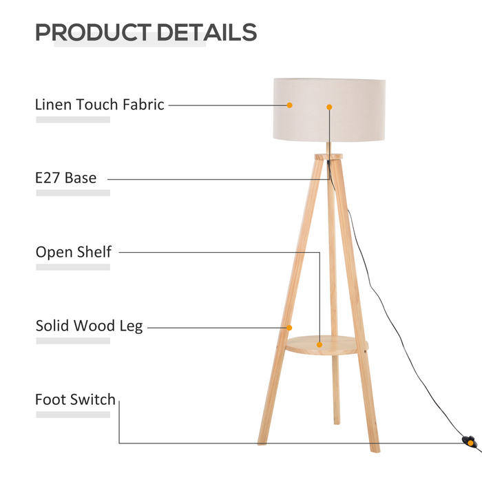 Free Standing Tripod Floor Lamp Bedside Light Reading Light with Storage Shelf Linen Shade for Living Room Bedroom, 154cm, Cream