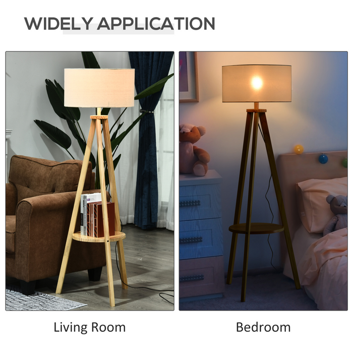 Vrijstaande driepoot vloerlamp bedlamp leeslamp met opbergplank linnen kap voor woonkamer slaapkamer, 154cm, crème