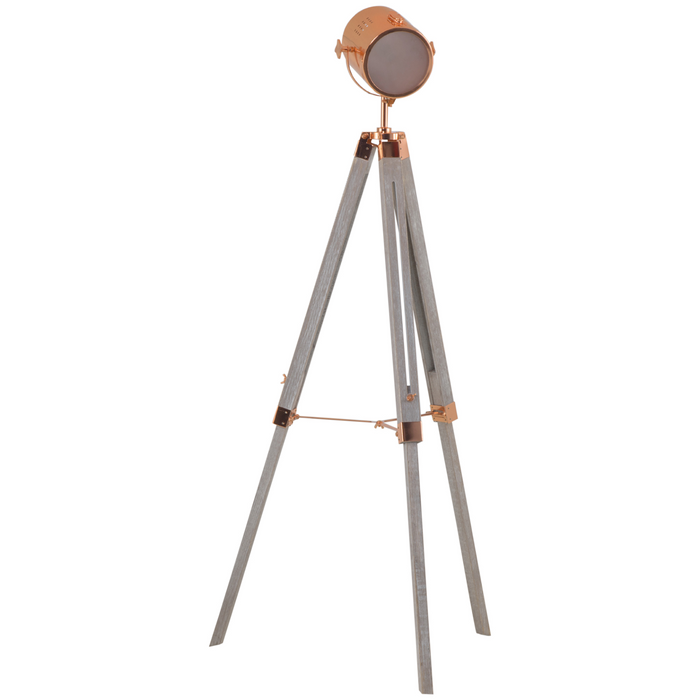 Industrial Tripod Floor Lamp, Nautical Searchlight with Adjustable Height, Wood Legs, E12 Lamp Base for Living Room, Bedroom, Grey and Rose Gold