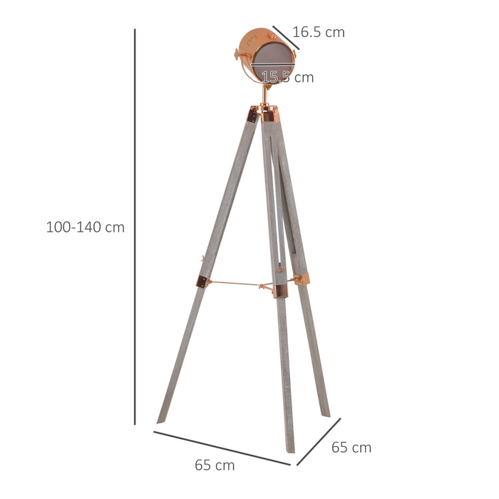 Industrial Tripod Floor Lamp, Nautical Searchlight with Adjustable Height, Wood Legs, E12 Lamp Base for Living Room, Bedroom, Grey and Rose Gold