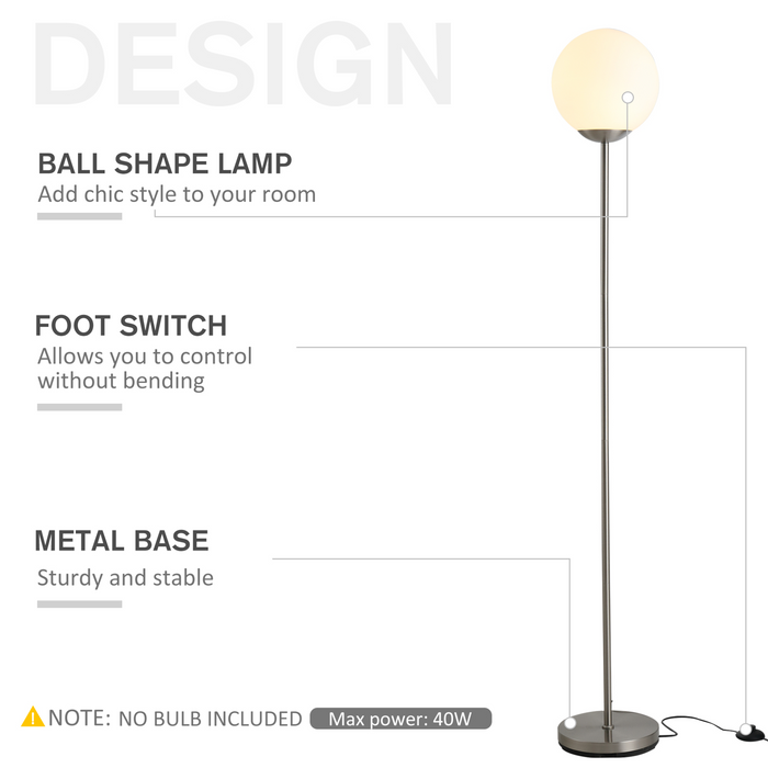 171cm Glass Globe Floor Lamp Metal Frame Sphere Light Pedal Switch Home Office Living Room Modern Unique Standing Beautiful Furnishing - Grey