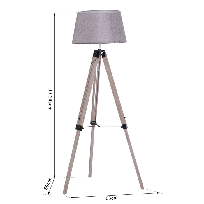 Wooden Adjustable Tripod Free Standing Floor Lamp  Bedside Light E27 Bulb Compatible, 99-143cm, Grey
