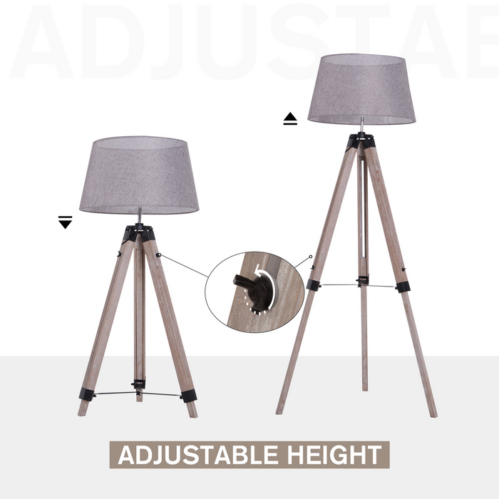 Wooden Adjustable Tripod Free Standing Floor Lamp  Bedside Light E27 Bulb Compatible, 99-143cm, Grey