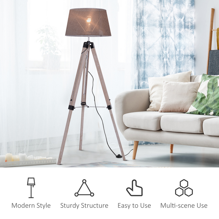 Wooden Adjustable Tripod Free Standing Floor Lamp  Bedside Light E27 Bulb Compatible, 99-143cm, Grey