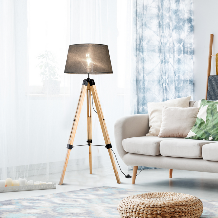 Tripod Floor Lamp Wooden Adjustable Modern Illumination Design E27 Bulb Compatible (Grey Shade) 99-143H