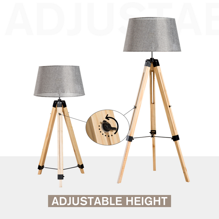 Tripod Floor Lamp Wooden Adjustable Modern Illumination Design E27 Bulb Compatible (Grey Shade) 99-143H