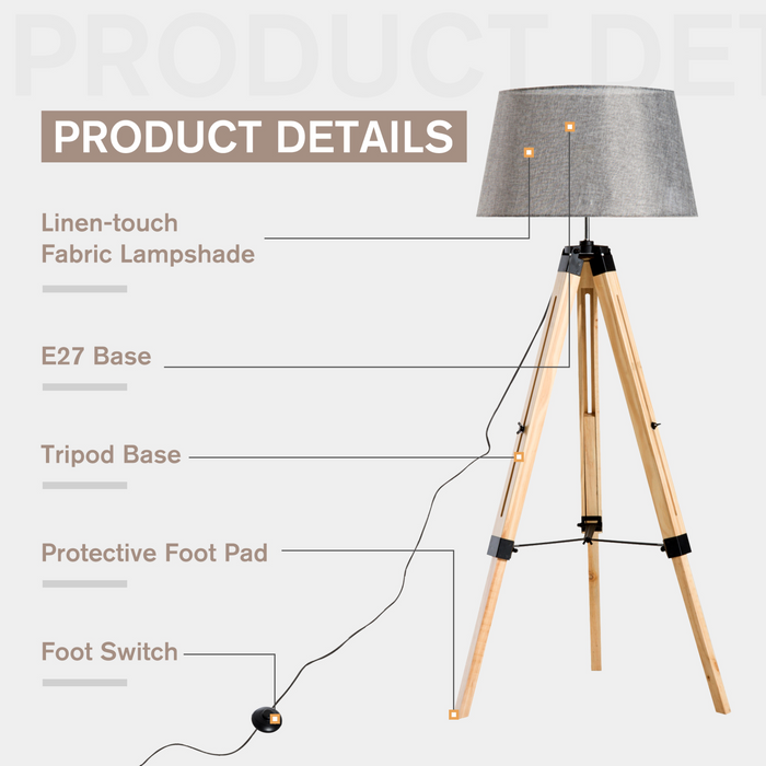 Tripod Floor Lamp Wooden Adjustable Modern Illumination Design E27 Bulb Compatible (Grey Shade) 99-143H