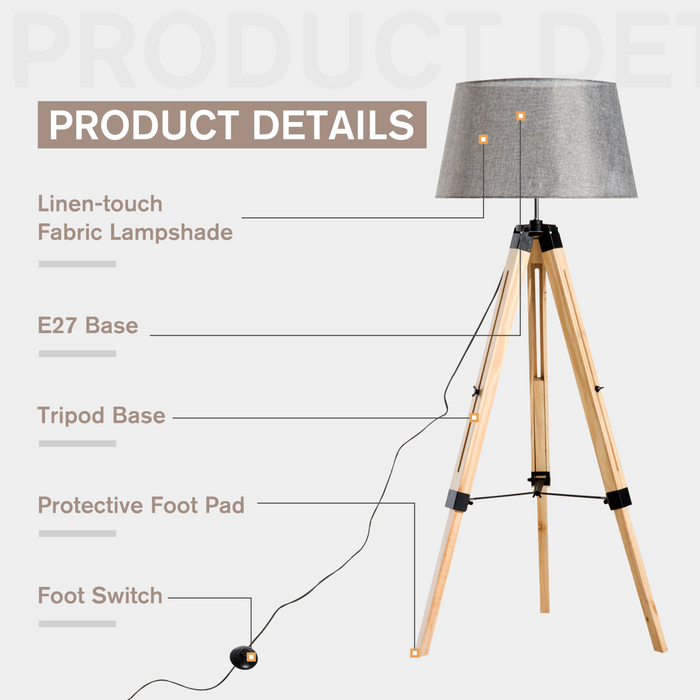 Statief vloerlamp houten verstelbaar modern verlichtingsontwerp E27 lamp compatibel (grijze tint) 99-143H