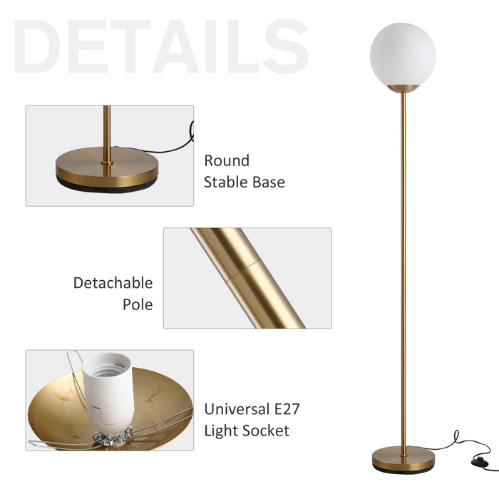 171cm Glass Globe Floor Lamp Metal Frame Sphere Light Pedal Switch Home Office Living Room Modern Unique Standing Beautiful Furnishing - Gold