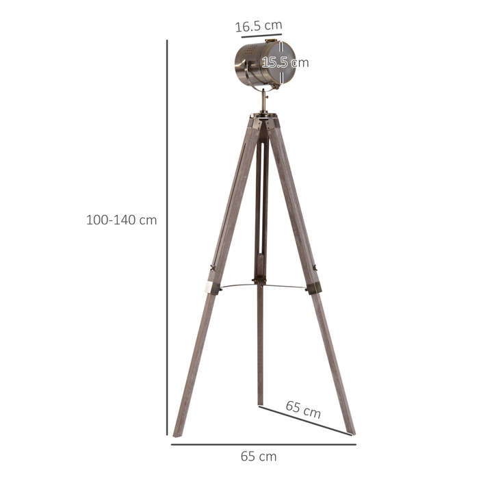 Industrial Tripod Floor Lamp, Nautical Searchlight with Adjustable Height, Wood Legs, E12 Lamp Base for Living Room, Bedroom, Grey and Bronze