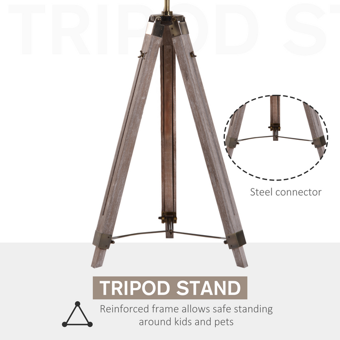 Industrial Tripod Floor Lamp, Nautical Searchlight with Adjustable Height, Wood Legs, E12 Lamp Base for Living Room, Bedroom, Grey and Bronze