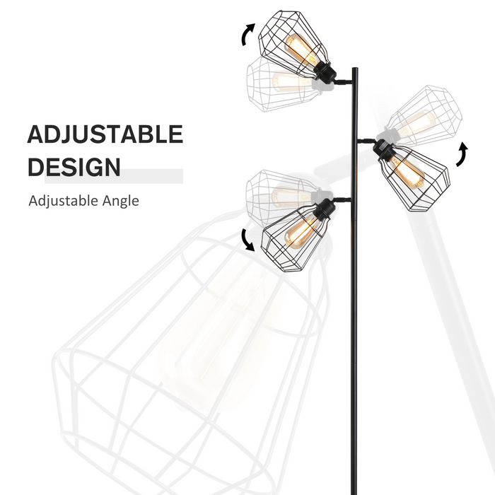 Retro Praktische Boom Vloerlamp 3 Hoek Verstelbare Lampenkap Stalen Basis voor Woonkamer Slaapkamer Kantoor Zwart 165cm