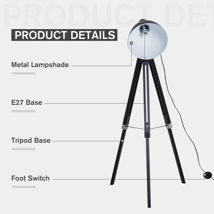 Industrial Floor Lamp for Living Room Tripod Spotlight Reading Lamp w/Wood Legs Metal Shade Adjustable Height Angle for Bedroom Home Office Black and White