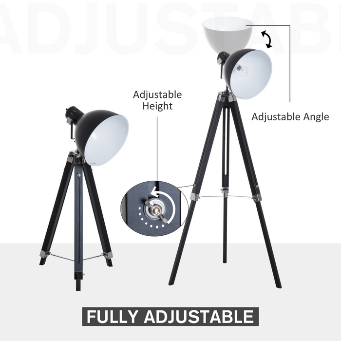 Industrial Floor Lamp for Living Room Tripod Spotlight Reading Lamp w/Wood Legs Metal Shade Adjustable Height Angle for Bedroom Home Office Black and White