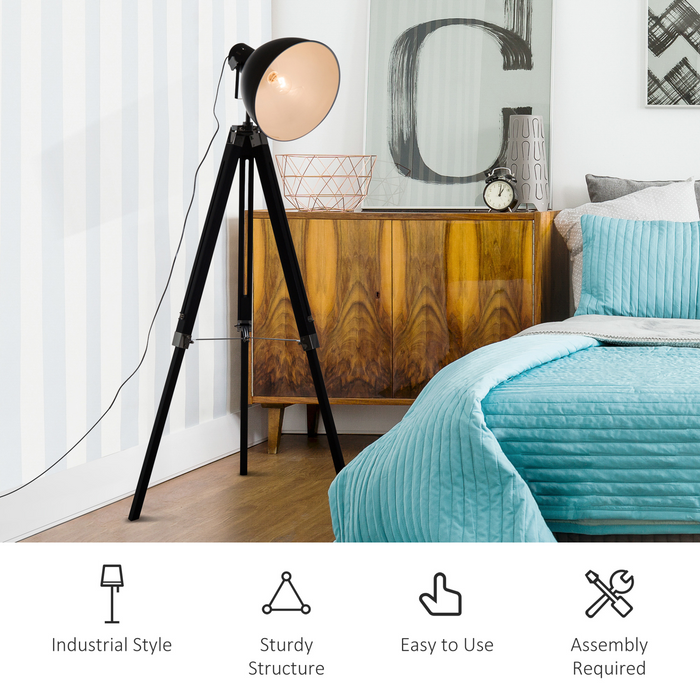 Industrial Floor Lamp for Living Room Tripod Spotlight Reading Lamp w/Wood Legs Metal Shade Adjustable Height Angle for Bedroom Home Office Black and White