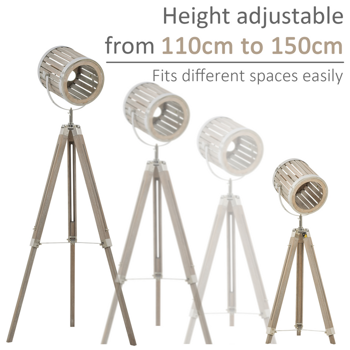 Telescopic Floor Lamp Unique Wood Frame Adjustable Shade Height Unique Vintage Spotlight Metal Home Office Lighting, 110-150cm, Natural