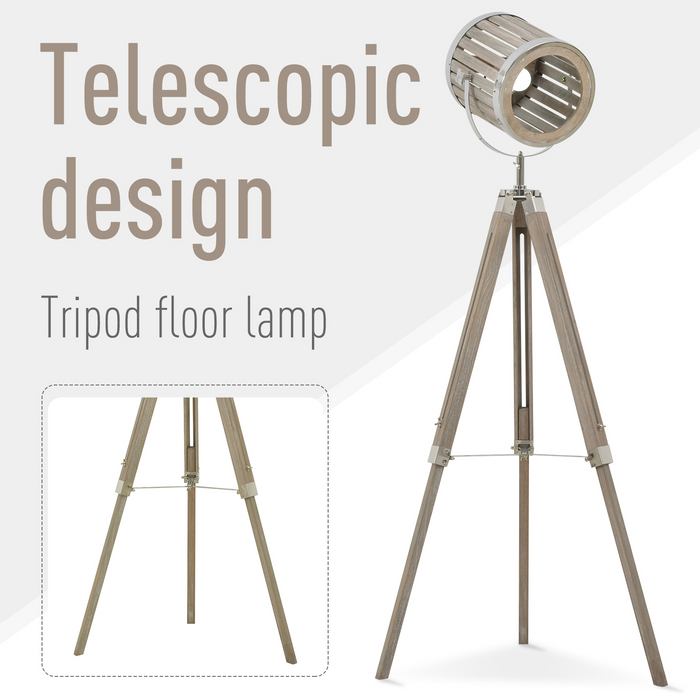 Telescopic Floor Lamp Unique Wood Frame Adjustable Shade Height Unique Vintage Spotlight Metal Home Office Lighting, 110-150cm, Natural