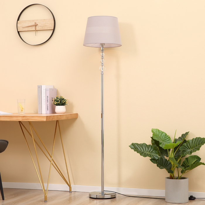 Vloerlamp met uitgeholde stoffen kap, chromen voet voor slaapkamer, woonkamer, studeerkamer, 162 cm, grijs