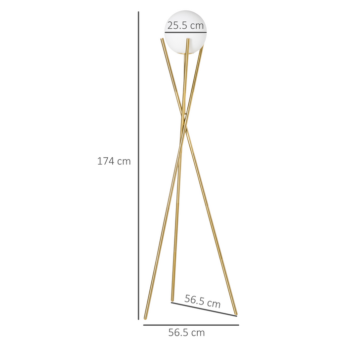 174 cm driepoot vloerlamp met bollampenkap, moderne staande lamp met voetschakelaar, E27-voet voor woonkamer, slaapkamer, goud en wit