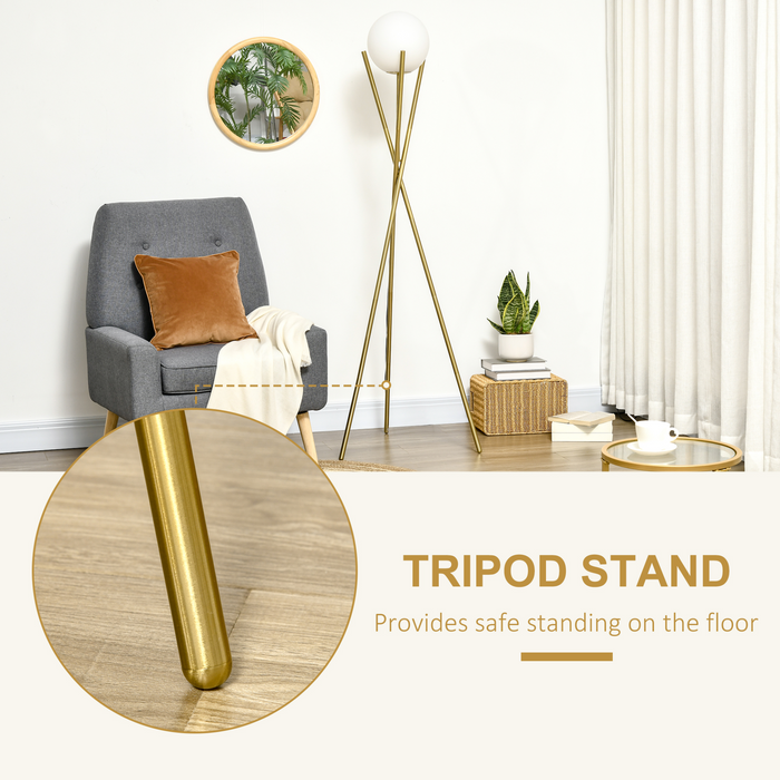 174cm Tripod Floor Lamp with Globe Lampshade, Modern Standing Light with Foot Switch, E27 Base for Living Room, Bedroom, Gold and White