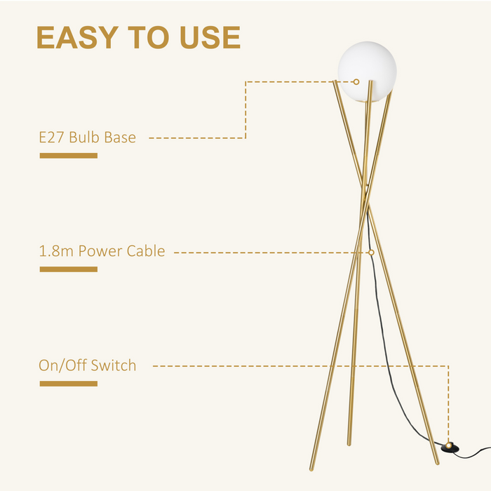174cm Tripod Floor Lamp with Globe Lampshade, Modern Standing Light with Foot Switch, E27 Base for Living Room, Bedroom, Gold and White