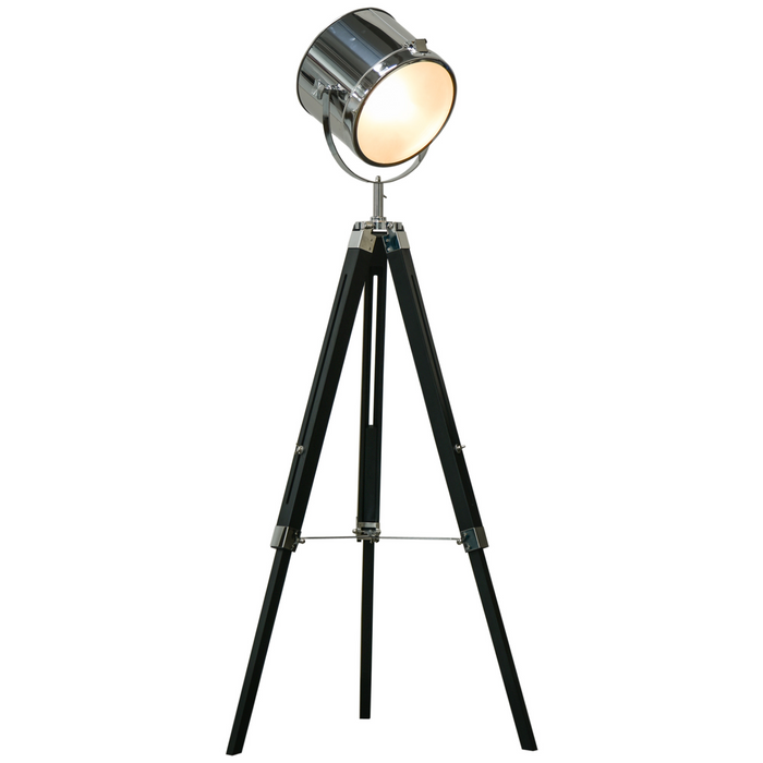 Verstelbare staande lamp op statief, industriële stijl, zoeklichtlamp met houten poten en stalen lampenkap, 110-155 cm, zwart