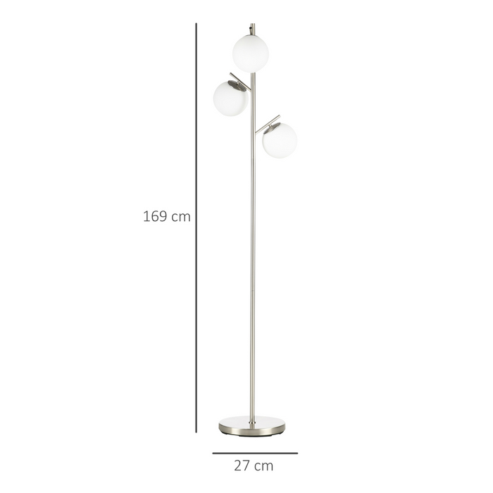 3-Light Tree Floor Lamps for Living Room, Modern Standing Lamp for Bedroom with Globe Lampshade, Steel Base, (Bulb not Included), Silver