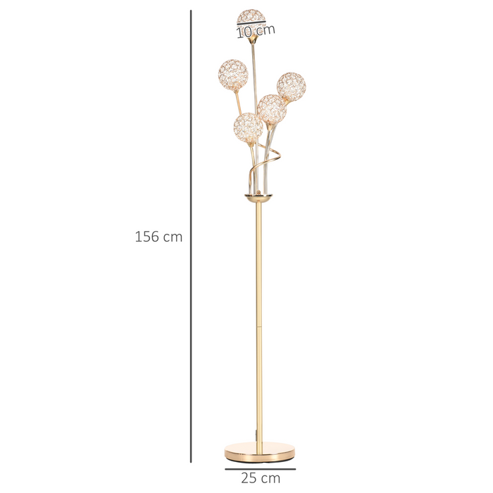 5-Light Upright Floor Lamps for Living Room with K9 Crystal Lampshade, Modern Standing Lamp for Bedroom, (Bulb not Included), Gold Tone