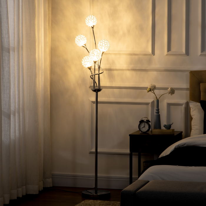 5-lichts staande vloerlampen voor woonkamer met K9 kristallen lampenkap, moderne staande lamp voor slaapkamer, (lamp niet inbegrepen), zilver