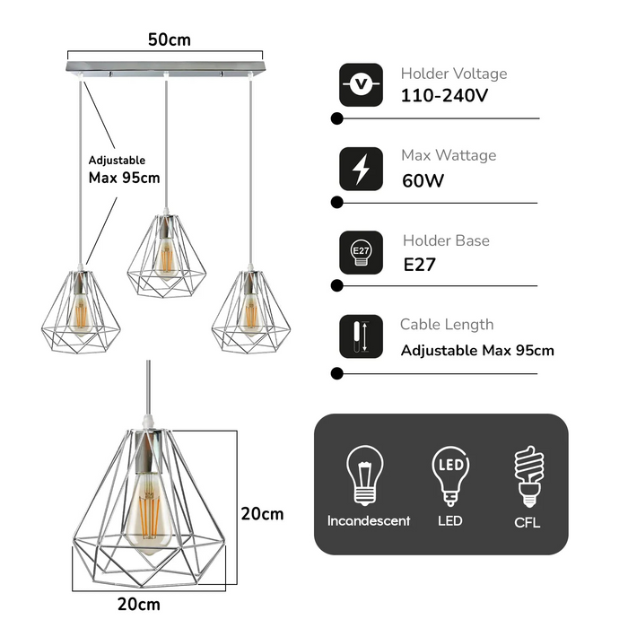 3 Head Rectangle Chrome Metal 20cm Diamond Wire Cage E27 Pendant Light,95cm Wire