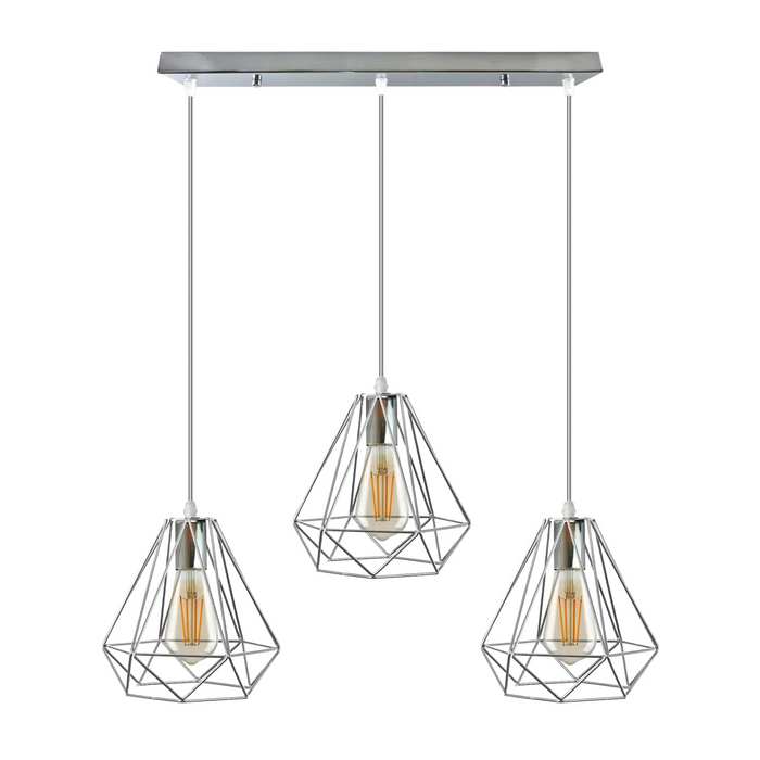 3-kops rechthoekig chroom metaal 20 cm diamantdraadkooi E27 hanglamp, 95 cm draad