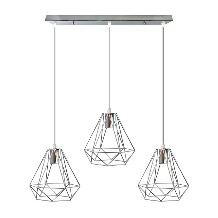 3-kops rechthoekig chroom metaal 20 cm diamantdraadkooi E27 hanglamp, 95 cm draad