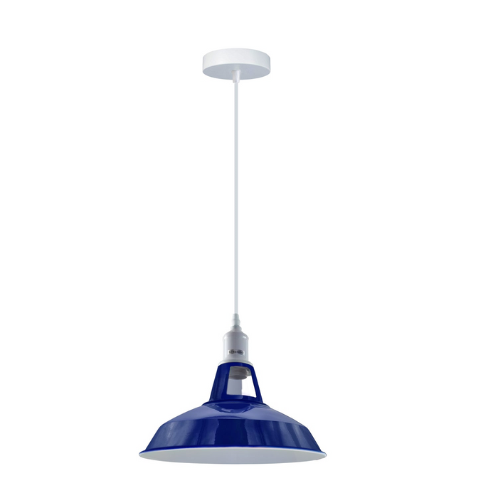 Marineblauwe plafondlamp met metalen kap en hangende E27 hanglamp