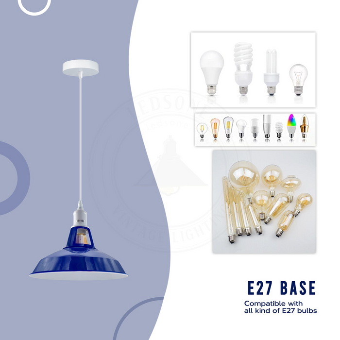 Marineblauwe plafondlamp met metalen kap en hangende E27 hanglamp