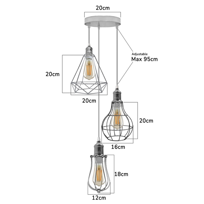 Plafondhanglamp met 3 koppen, snoer E27, elektrisch verzinkt, kooi-hanglamp
