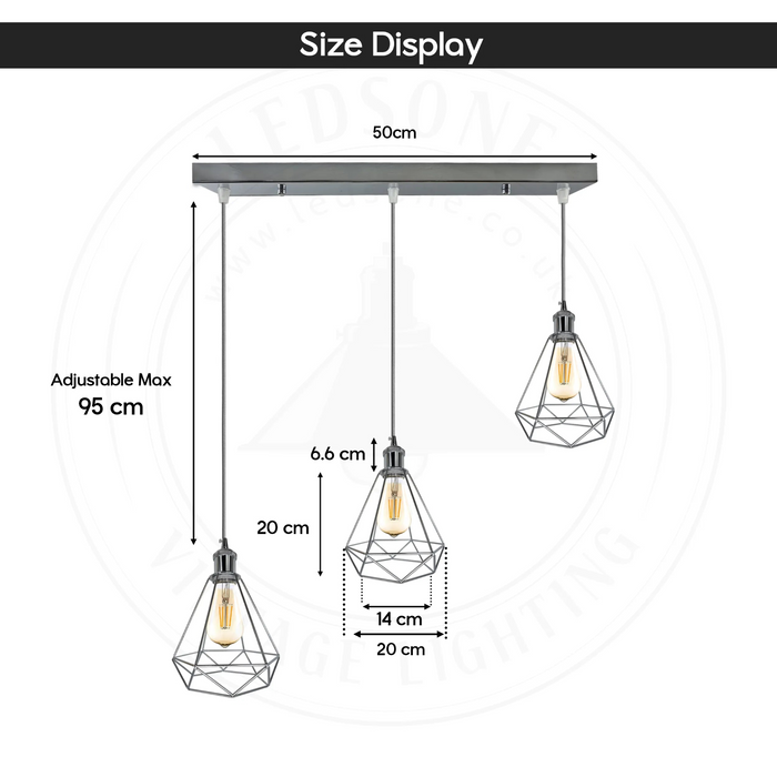 3 Head Rectangle Chrome E27 Ceiling Hanging Light Cage Metal Pendant Lamp~4191