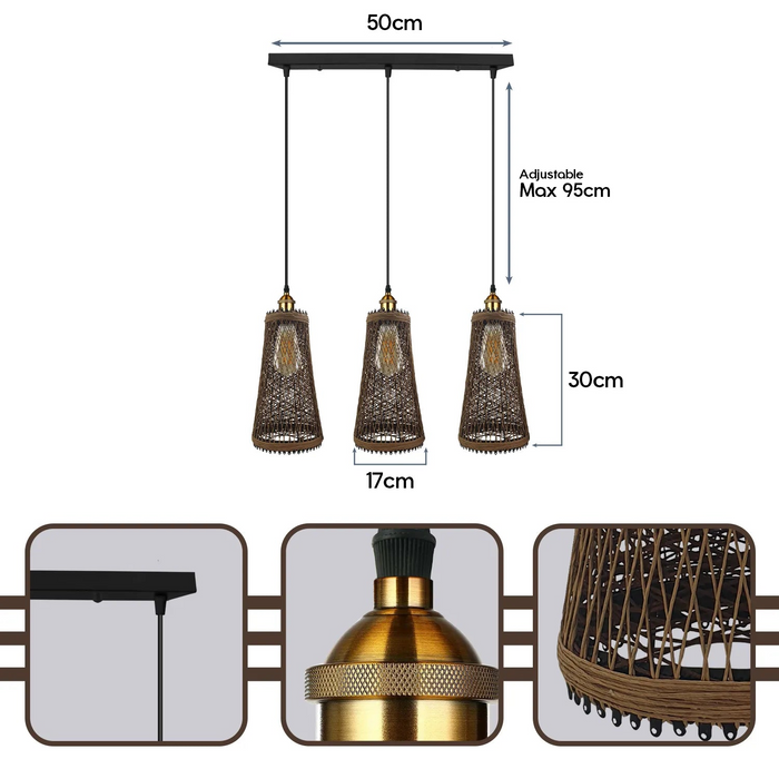 3 Head Rattan Ceiling Pendant 95cm Hanging cord 3 In E27 Screw  Lampshade