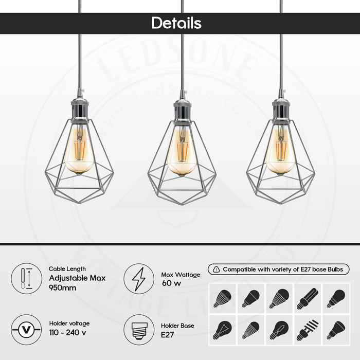 3-kops ronde chroom E27 plafondhanglamp kooi schaduw metalen hanglamp